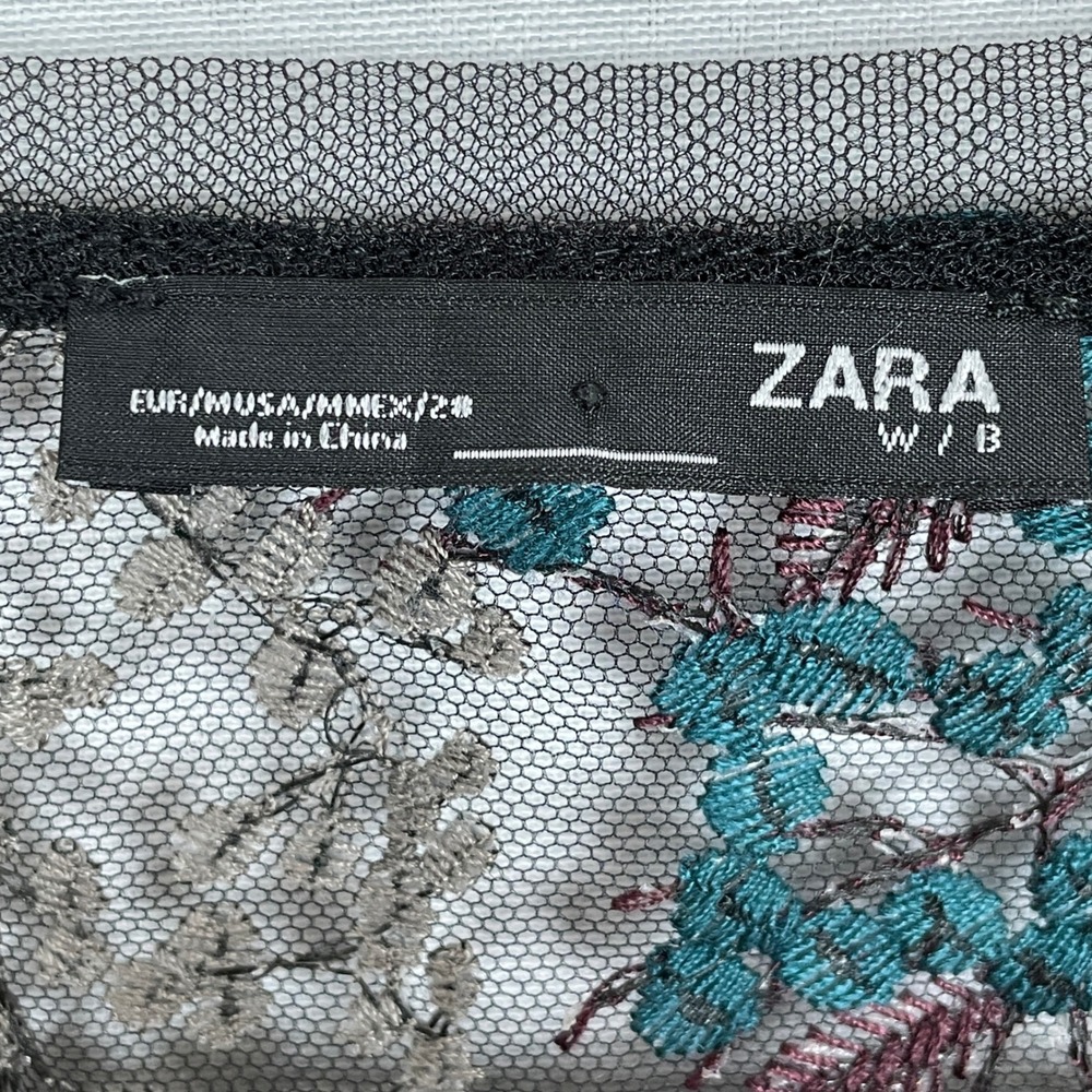 Zara Sheer Mesh Embroidered Botanical Print Top Womens M Modern Artsy Teal Pink - Picture 4 of 7